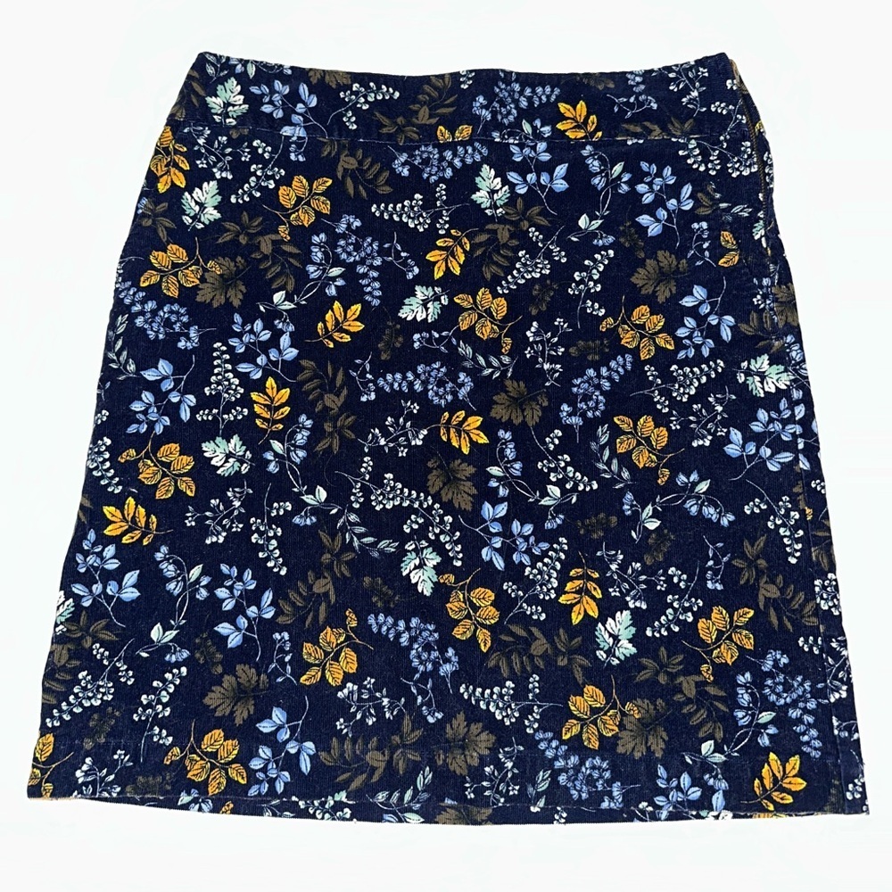 Talbots Women’s Navy Blue Corduroy Pencil Skirt Size 8 Floral Leaf Print Stretch